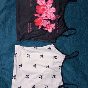 SHEIN Black and White Camisole Set with Pink Floral and Bow Designs